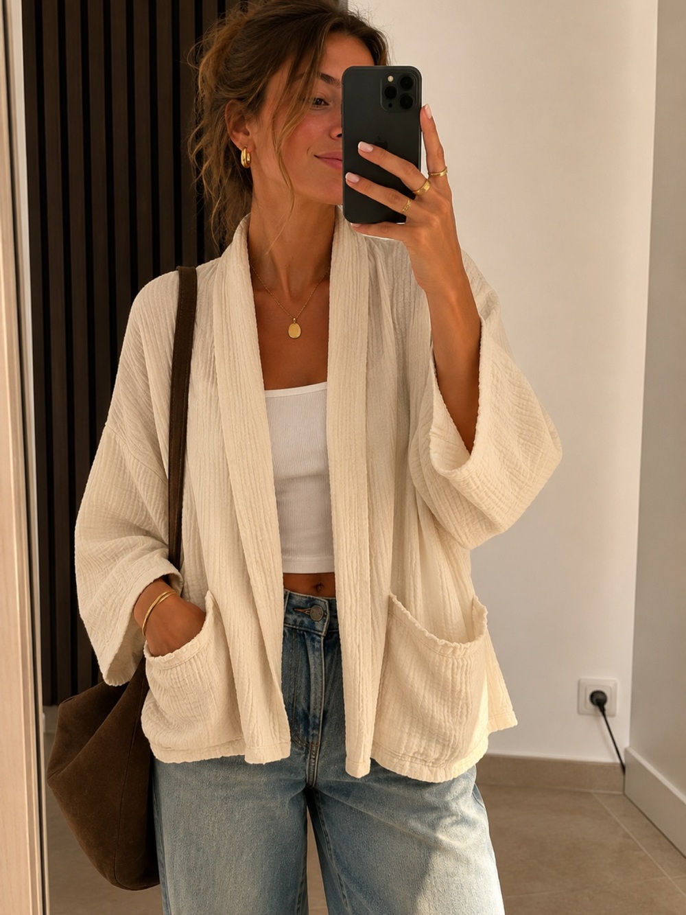 Pull&Bear oversize Cream Open-Front Textured Cardigan